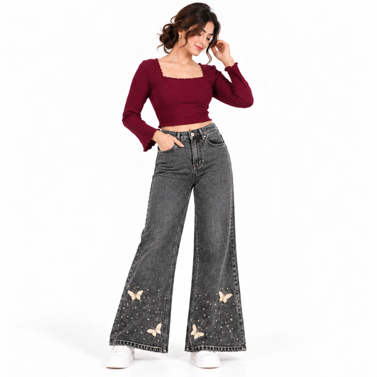 Women's High Rise Wide Leg Grey Jeans with Pearl Butterfly Embellishments