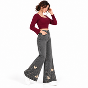 Women's High Rise Wide Leg Grey Jeans with Pearl Butterfly Embellishments
