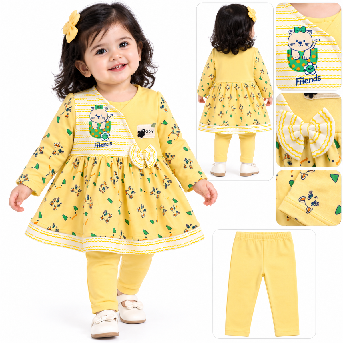 Baby Girls Yellow Cat Printed Full Sleeves Frock & Pants Set