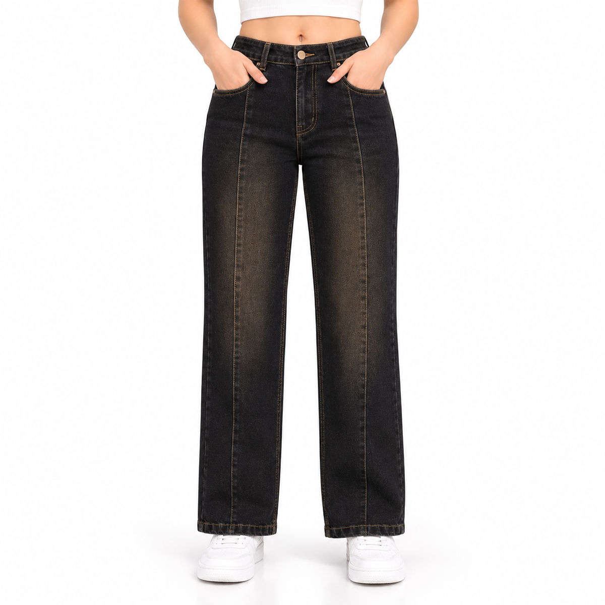 Women's High Waist Straight Fit Jeans – Black Brown Wash