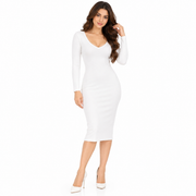 Women's White Ribbed Full Sleeve Bodycon Midi Dress