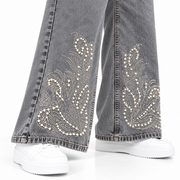 Women's High Rise Floral Rhinestone Wide Leg Jeans – Grey