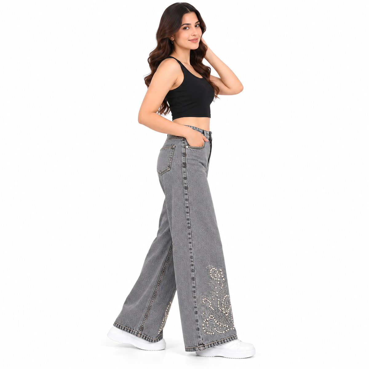 Women's High Rise Floral Rhinestone Wide Leg Jeans – Grey