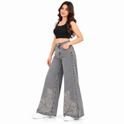 Women's High Rise Floral Rhinestone Wide Leg Jeans – Grey