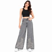 Women's High Rise Floral Rhinestone Wide Leg Jeans – Grey