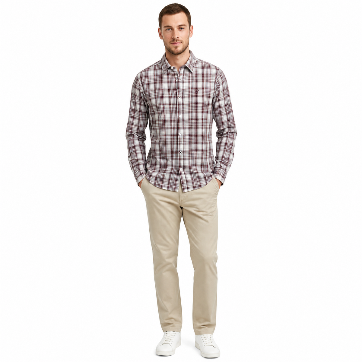 Men’s Cream & Burgundy Checked Full-Sleeve Shirt