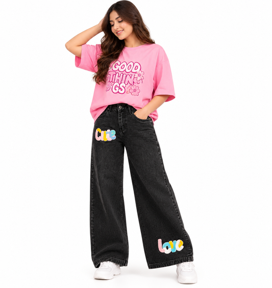 Women's Black Wide-Leg Graphic Jeans