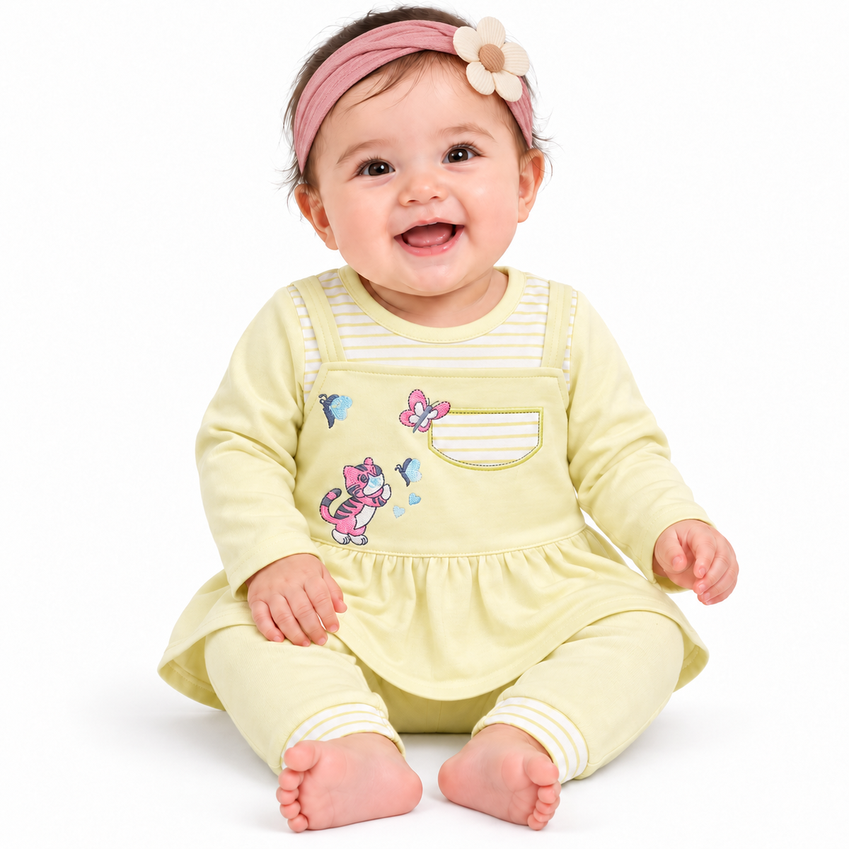 Baby Girl Lemon Yellow Embroidered Tunic & Pants Set – 6–12 Months