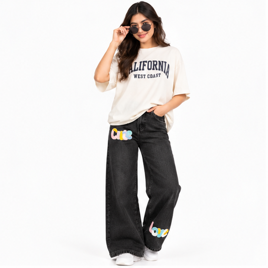 Women's Black Wide-Leg Graphic Jeans
