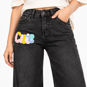 Women's Black Wide-Leg Graphic Jeans