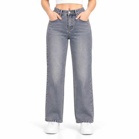 Women's High Waist Straight Fit Jeans – Light Grey Blue Wash