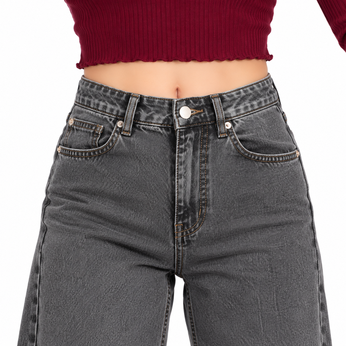 Women's High Rise Wide Leg Grey Jeans with Pearl Butterfly Embellishments