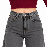 Women's High Rise Wide Leg Grey Jeans with Pearl Butterfly Embellishments