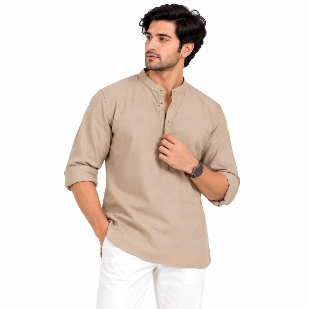 Men's Beige Mandarin Collar Solid Kurta