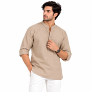 Men's Beige Mandarin Collar Solid Kurta