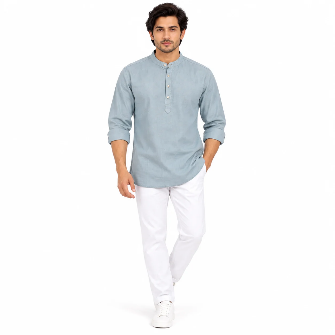 Men's Light Blue Solid Mandarin Collar Kurta