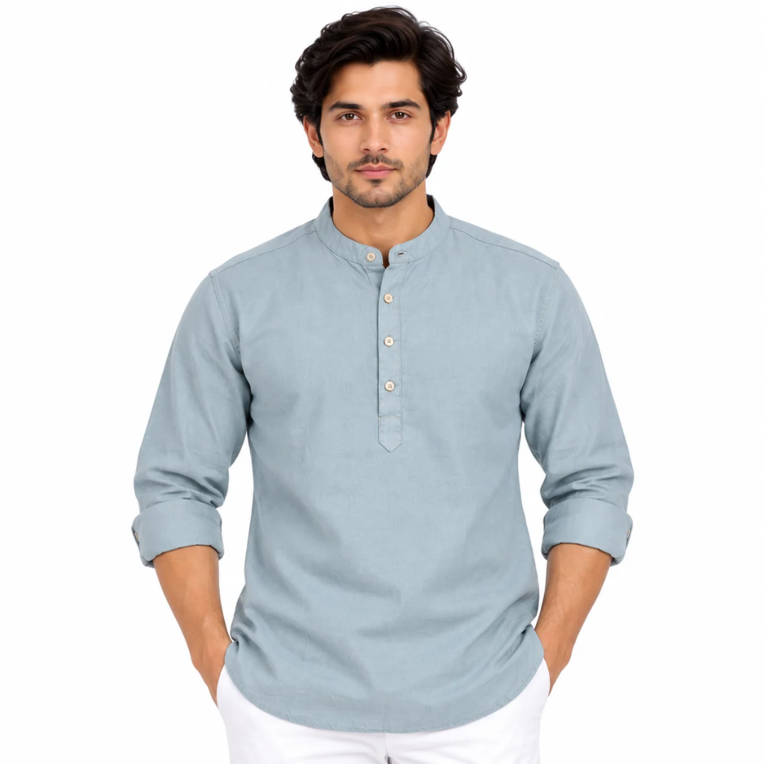 Men's Light Blue Solid Mandarin Collar Kurta