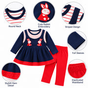 Baby Girls Navy Blue Rabbit Embroidered Frock & Pants Set