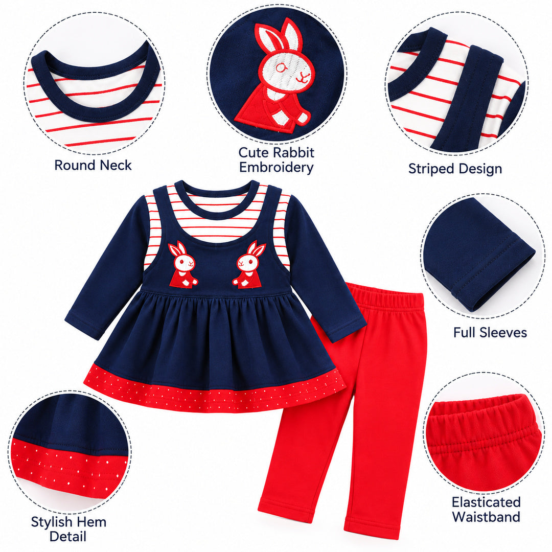 Baby Girls Navy Blue Rabbit Embroidered Frock & Pants Set