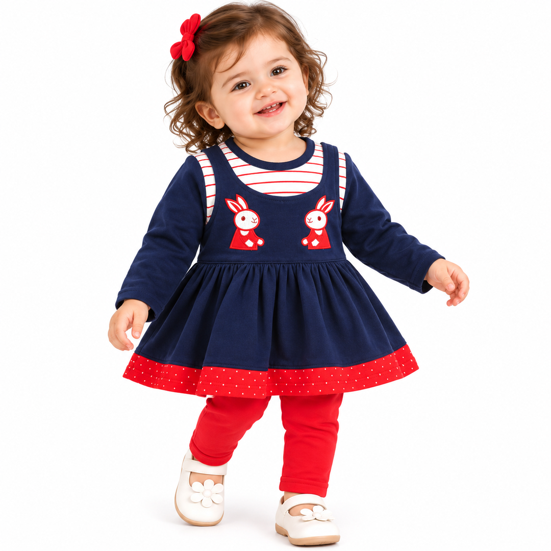 Baby Girls Navy Blue Rabbit Embroidered Frock & Pants Set
