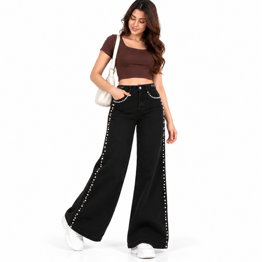 Women's High Rise Pearl Studded Wide Leg Jeans – Black