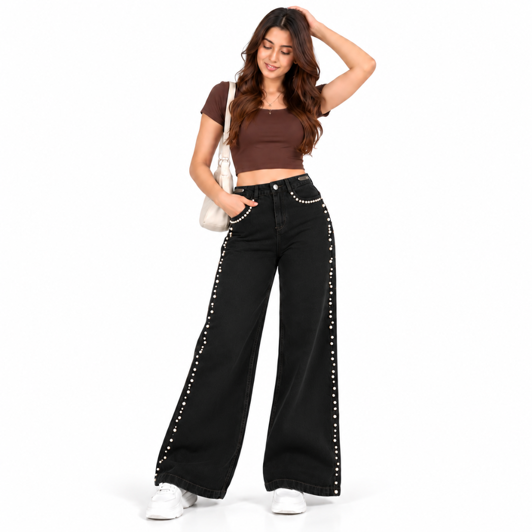 Women's High Rise Pearl Studded Wide Leg Jeans – Black