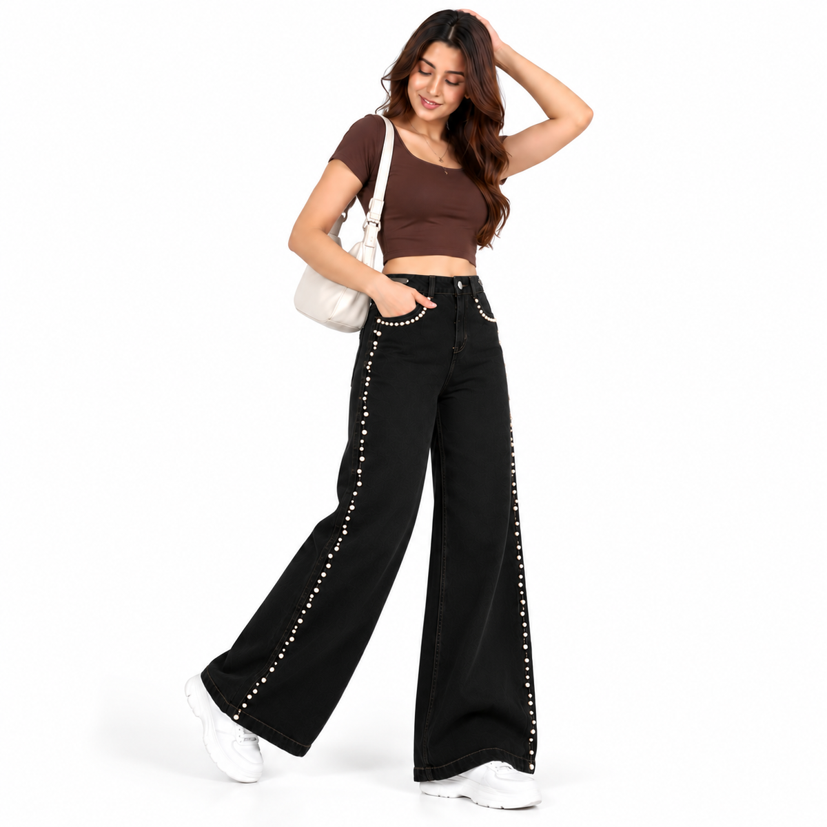 Women's High Rise Pearl Studded Wide Leg Jeans – Black