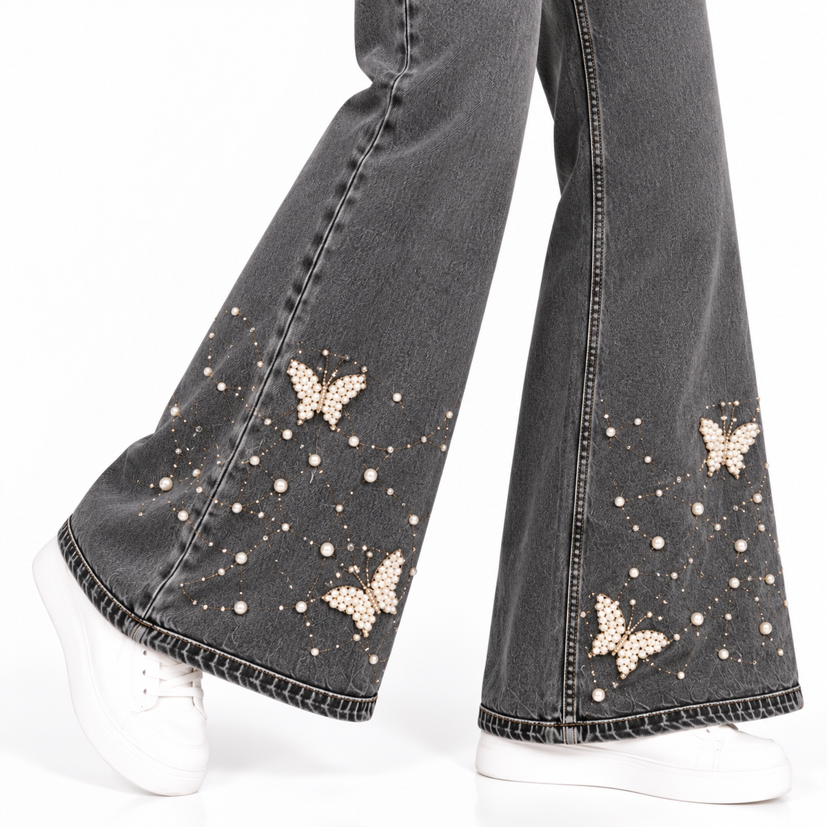 Women's High Rise Wide Leg Grey Jeans with Pearl Butterfly Embellishments
