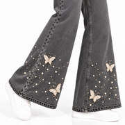 Women's High Rise Wide Leg Grey Jeans with Pearl Butterfly Embellishments