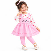 Baby Girls Pink Cat Printed Frock & Pants Set