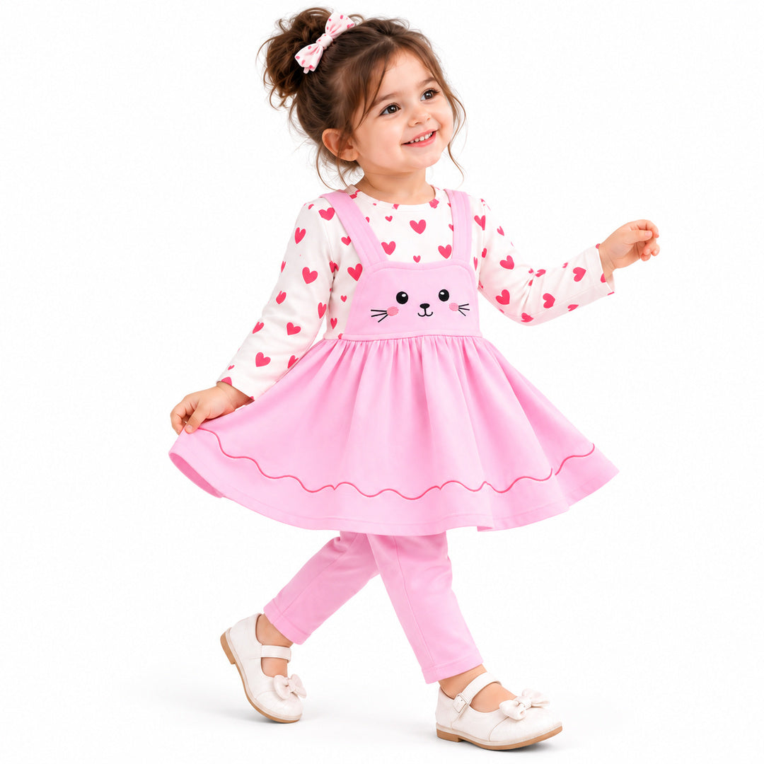 Baby Girls Pink Cat Printed Frock & Pants Set