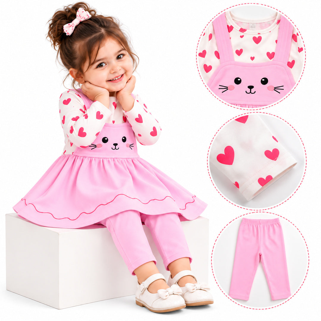 Baby Girls Pink Cat Printed Frock & Pants Set