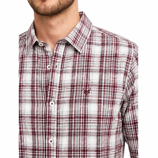 Men’s Cream & Burgundy Checked Full-Sleeve Shirt