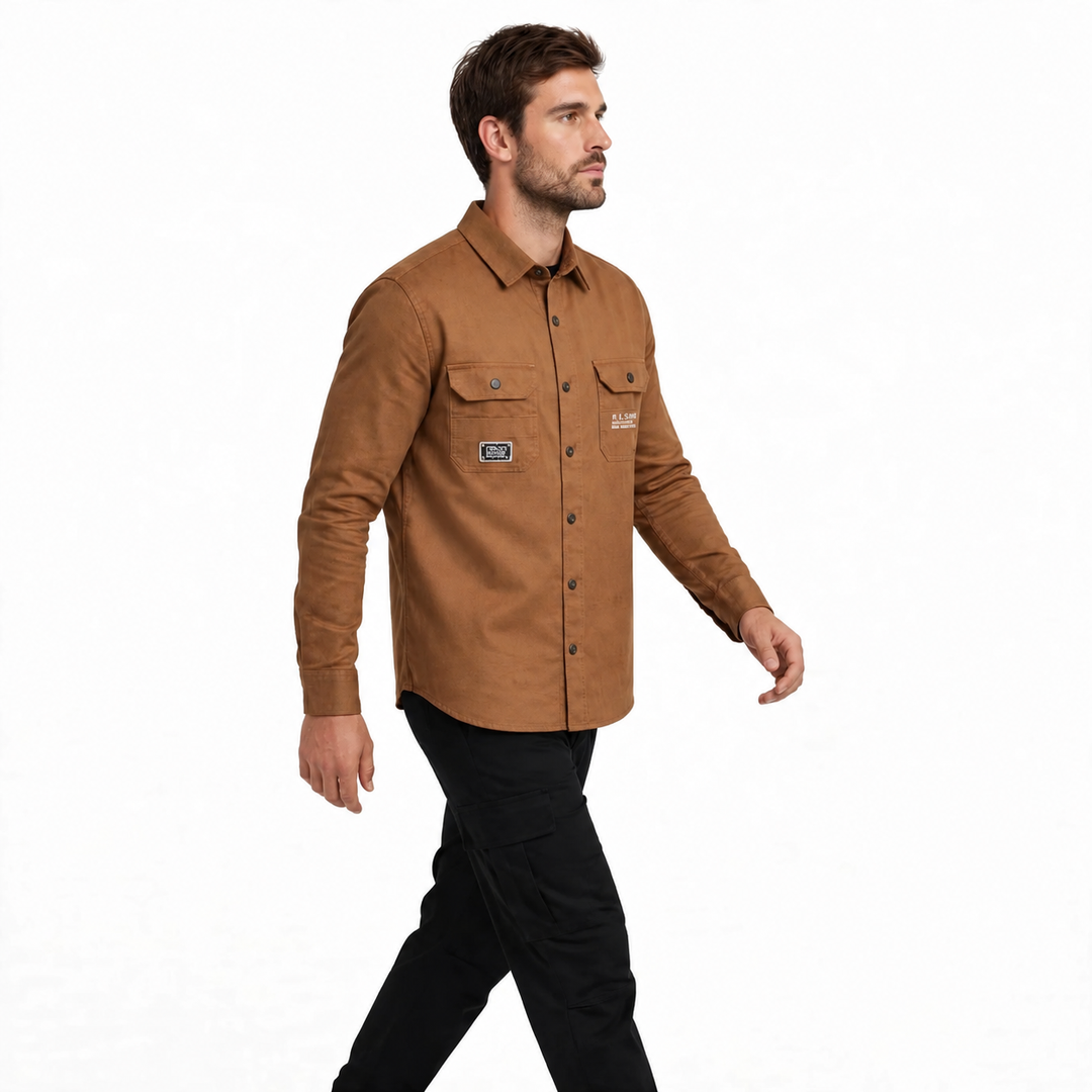 Men’s Brown Full-Sleeve Utility Shirt with Dual Pockets