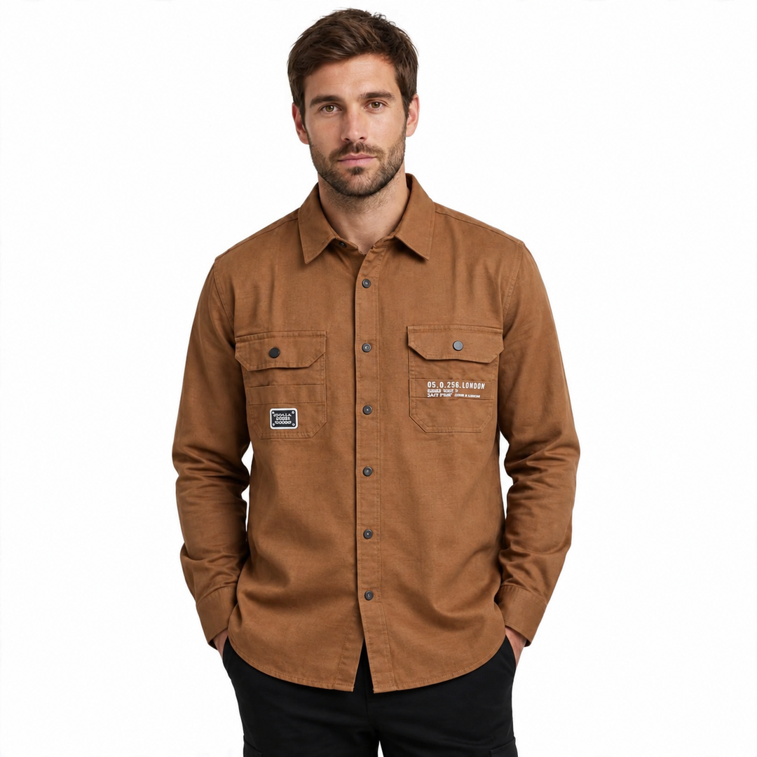 Men’s Brown Full-Sleeve Utility Shirt with Dual Pockets