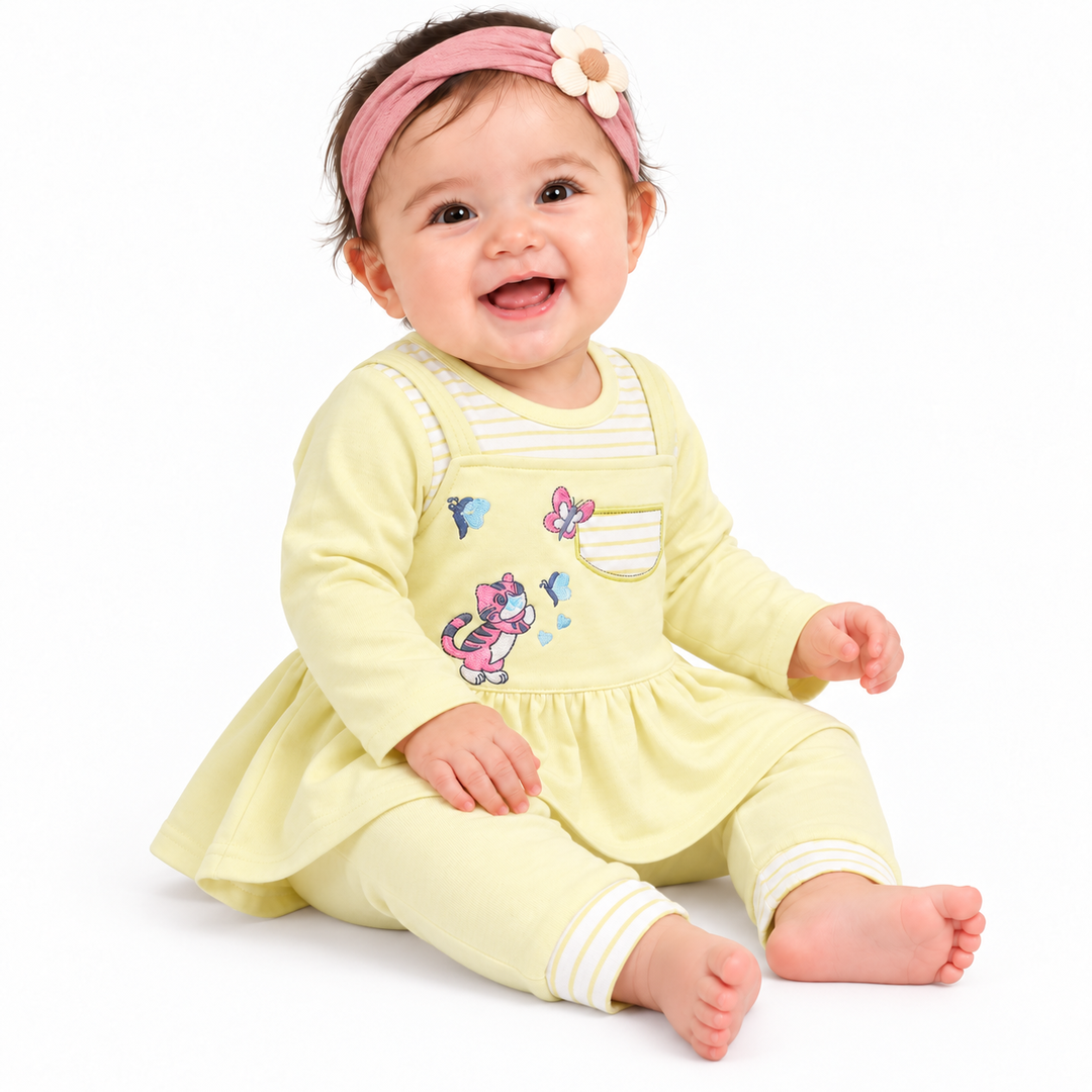 Baby Girl Lemon Yellow Embroidered Tunic & Pants Set – 6–12 Months