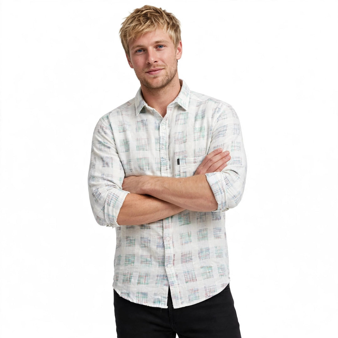 Men’s White & Blue Checked Full-Sleeve Shirt