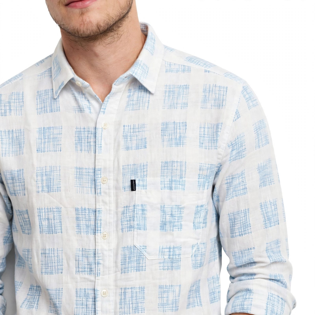 Men’s White & Blue Checked Full-Sleeve Shirt