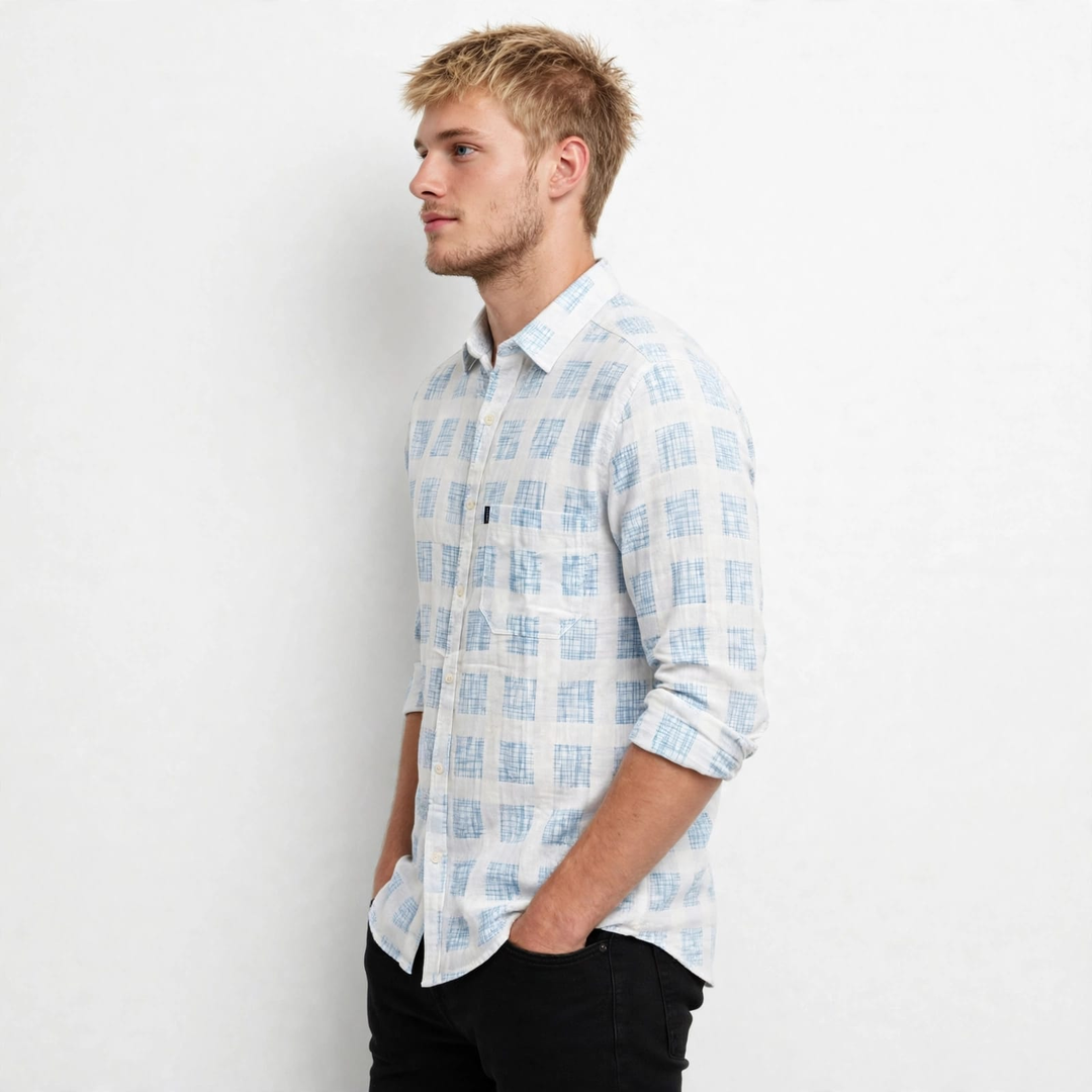 Men’s White & Blue Checked Full-Sleeve Shirt