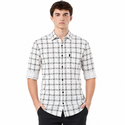 Men’s White & Black Geometric Check Full-Sleeve Shirt