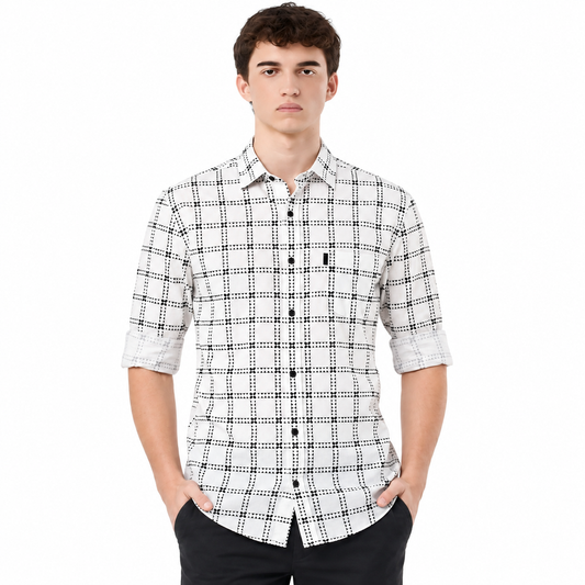 Men’s White & Black Geometric Check Full-Sleeve Shirt