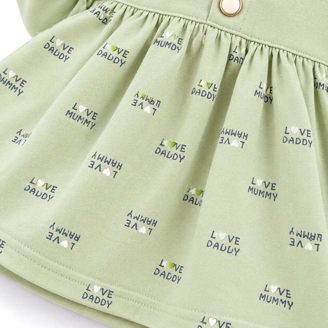 Girls’ Light Green Full-Sleeve Printed Frock & Pants Set