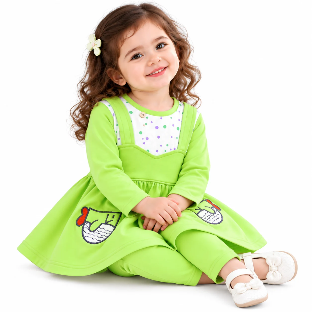Baby Girls Lime Green Fish Embroidered Frock & Pants Set