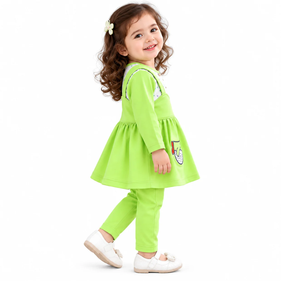 Baby Girls Lime Green Fish Embroidered Frock & Pants Set