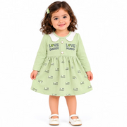 Girls’ Light Green Full-Sleeve Printed Frock & Pants Set