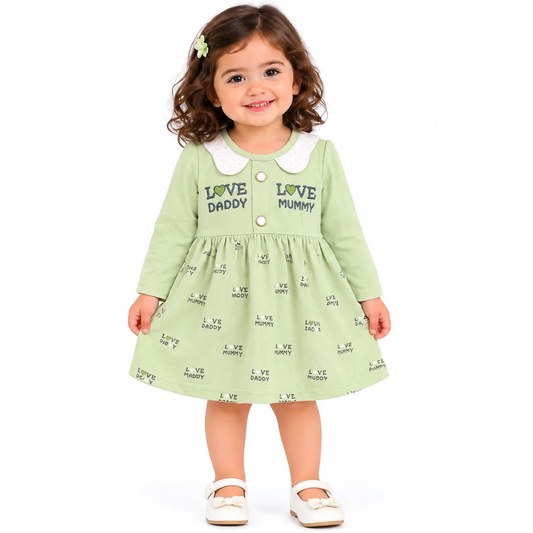 Girls’ Light Green Full-Sleeve Printed Frock & Pants Set