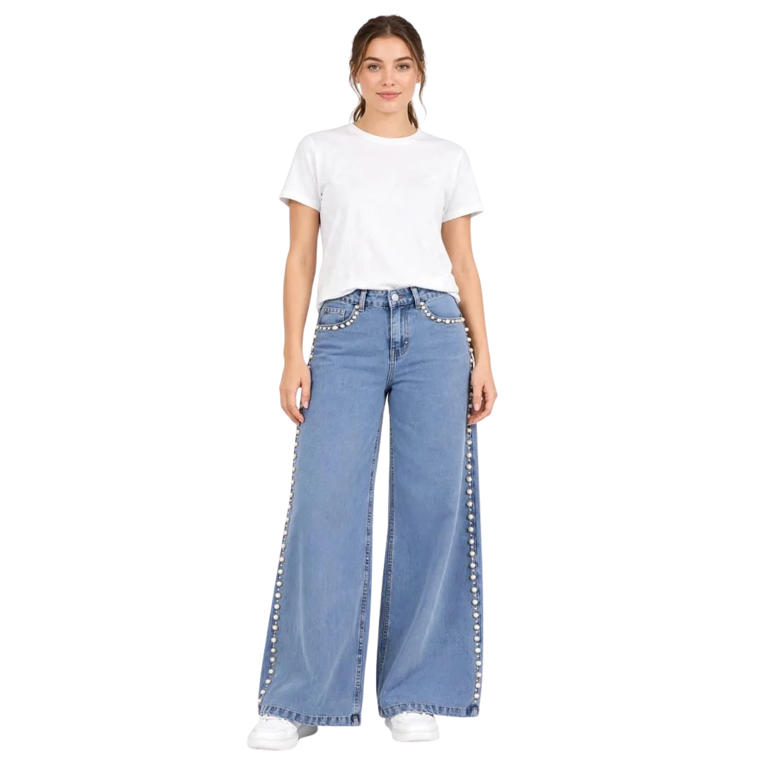 Women's High Rise Pearl Studded Wide Leg Jeans – Light Blue