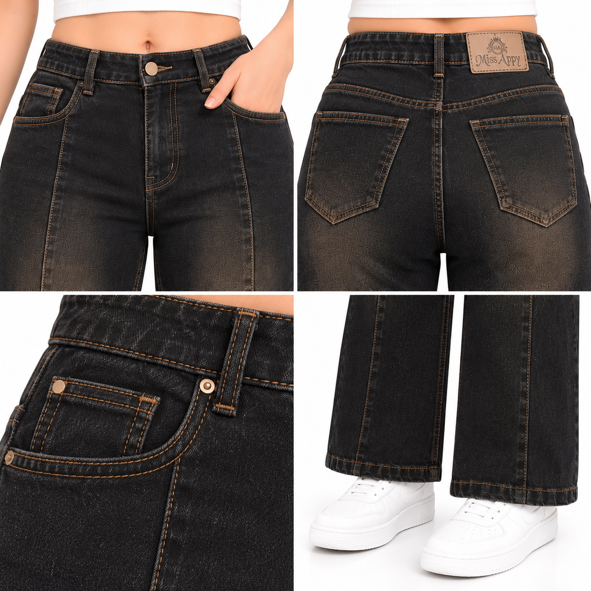 Women's High Waist Straight Fit Jeans – Black Brown Wash