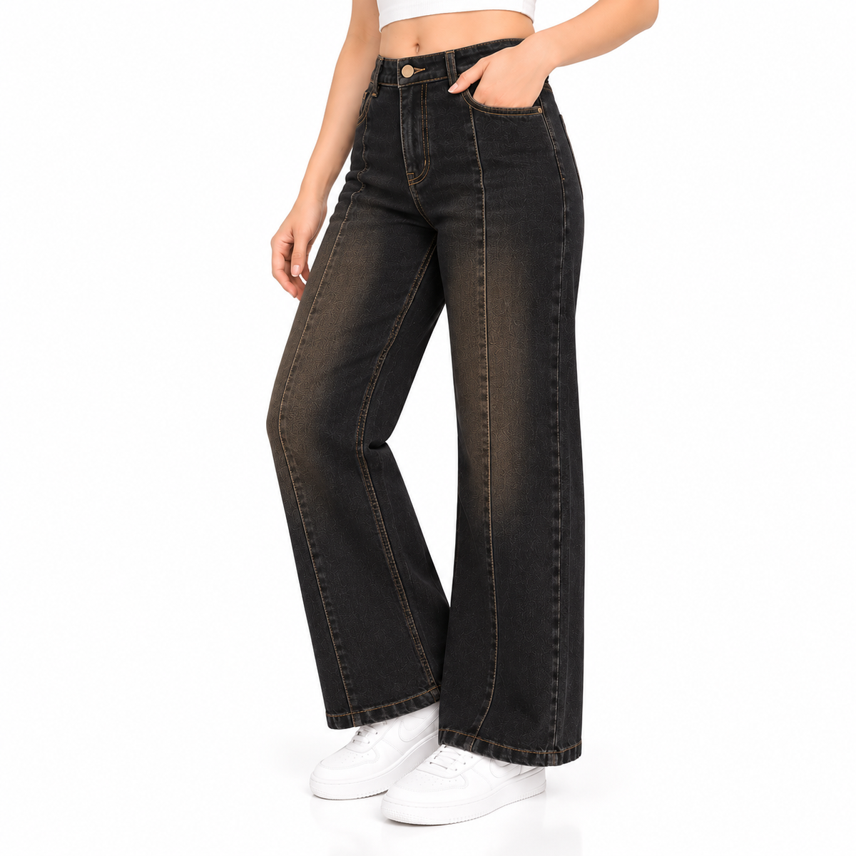 Women's High Waist Straight Fit Jeans – Black Brown Wash