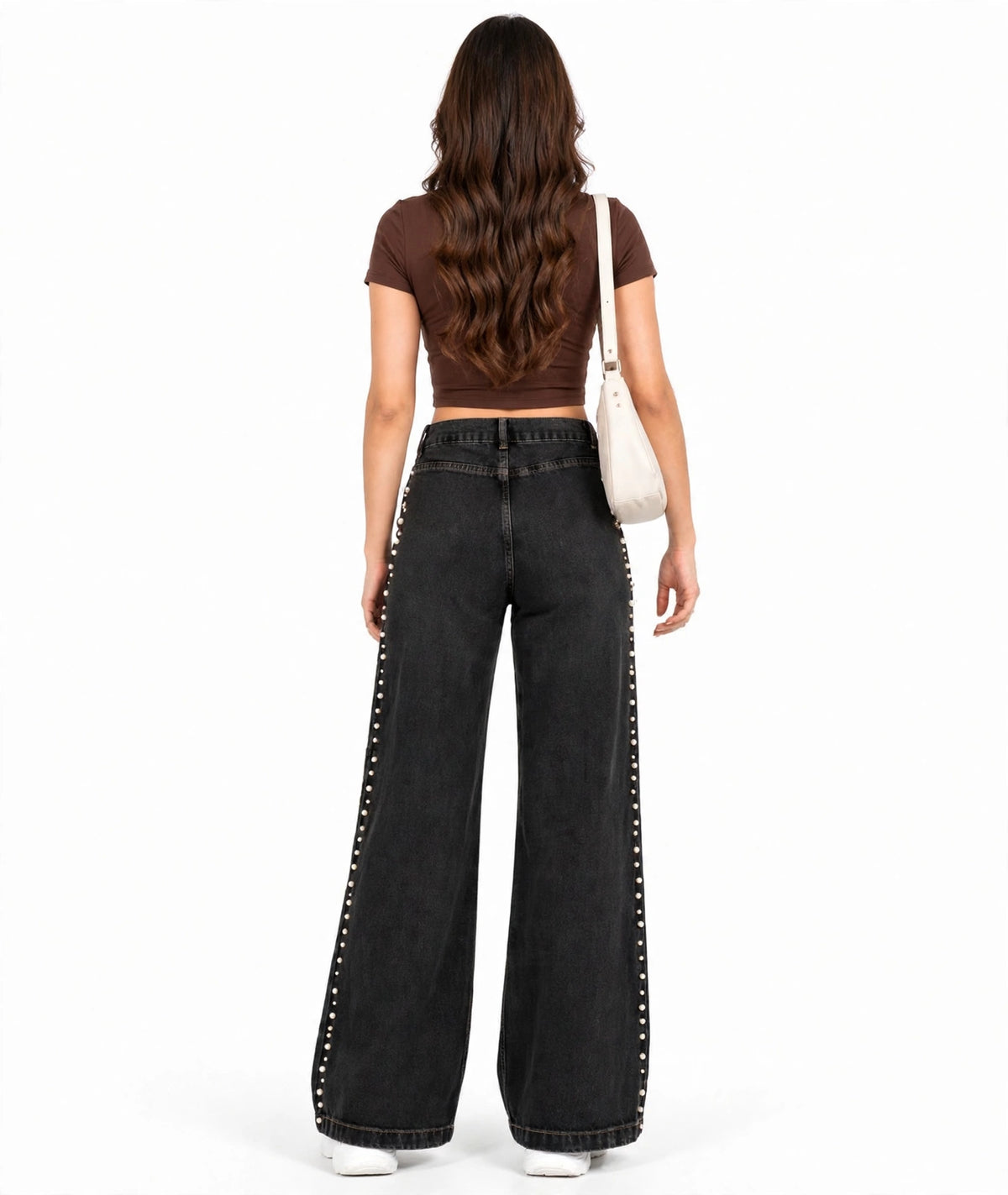 Women's High Rise Pearl Studded Wide Leg Jeans – Black